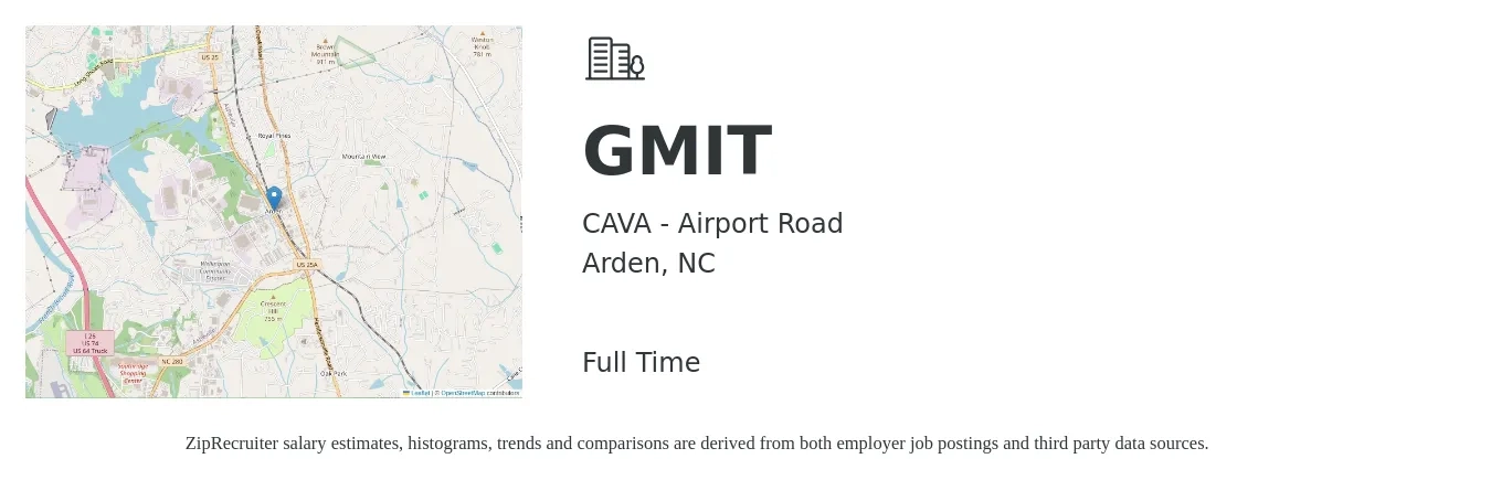 CAVA - Airport Road job posting for a GMIT in Arden, NC with a salary of $16 to $24 Hourly with a map of Arden location.