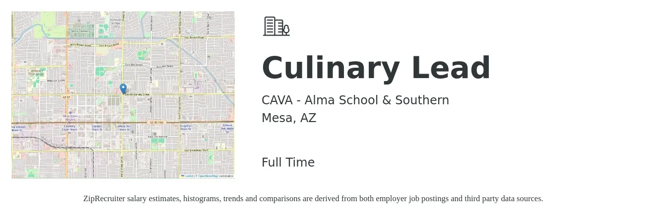 CAVA - Alma School & Southern job posting for a Culinary Lead in Mesa, AZ with a salary of $15 to $19 Hourly with a map of Mesa location.