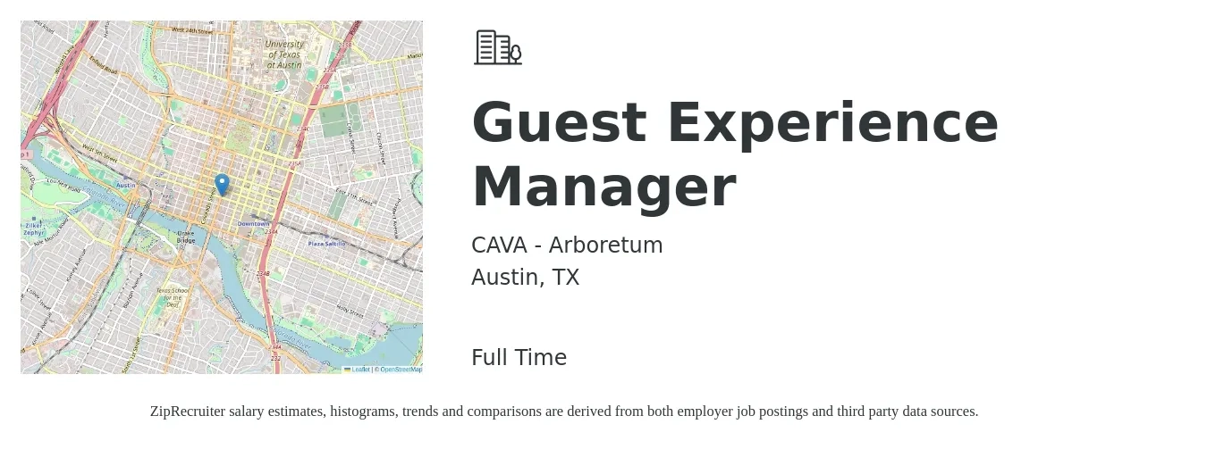 CAVA - Arboretum job posting for a Guest Experience Manager in Austin, TX with a salary of $18 to $20 Hourly with a map of Austin location.