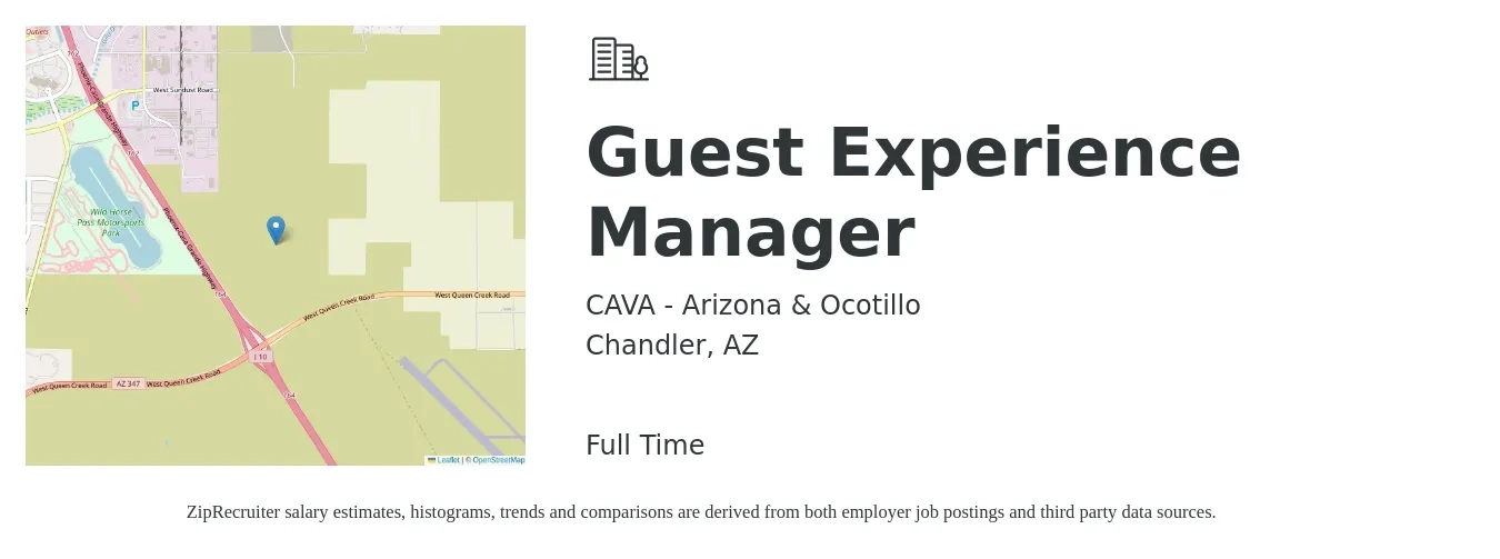 CAVA - Arizona & Ocotillo job posting for a Guest Experience Manager in Chandler, AZ with a salary of $18 to $20 Hourly with a map of Chandler location.