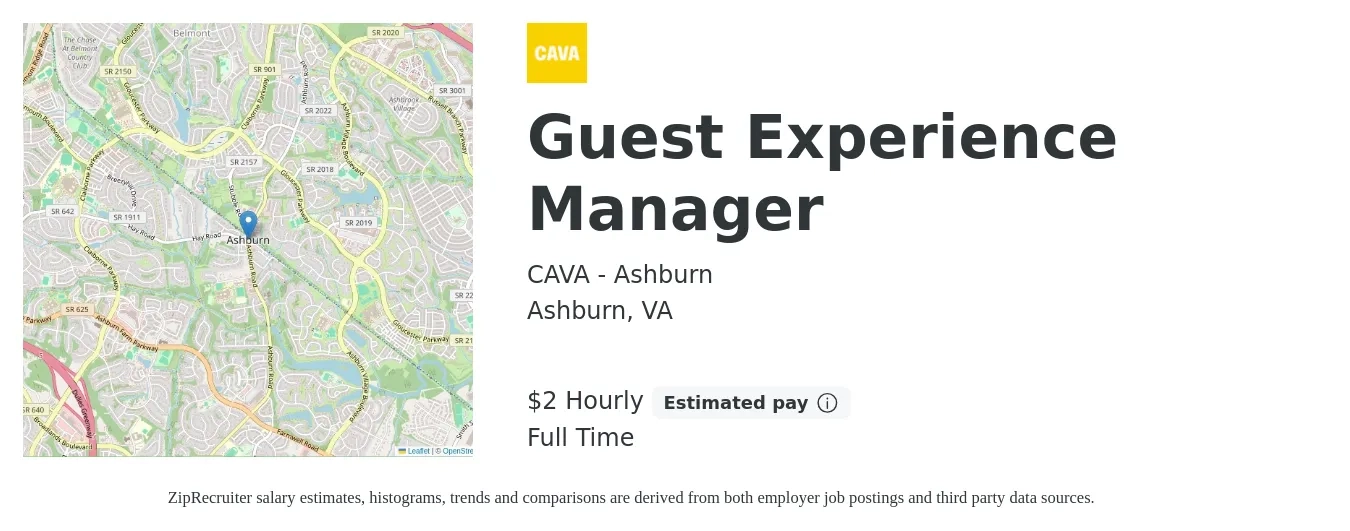 CAVA - Ashburn job posting for a Guest Experience Manager in Ashburn, VA with a salary of $18 to $21 Hourly with a map of Ashburn location.