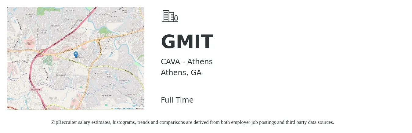 CAVA - Athens job posting for a GMIT in Athens, GA with a salary of $15 to $22 Hourly with a map of Athens location.