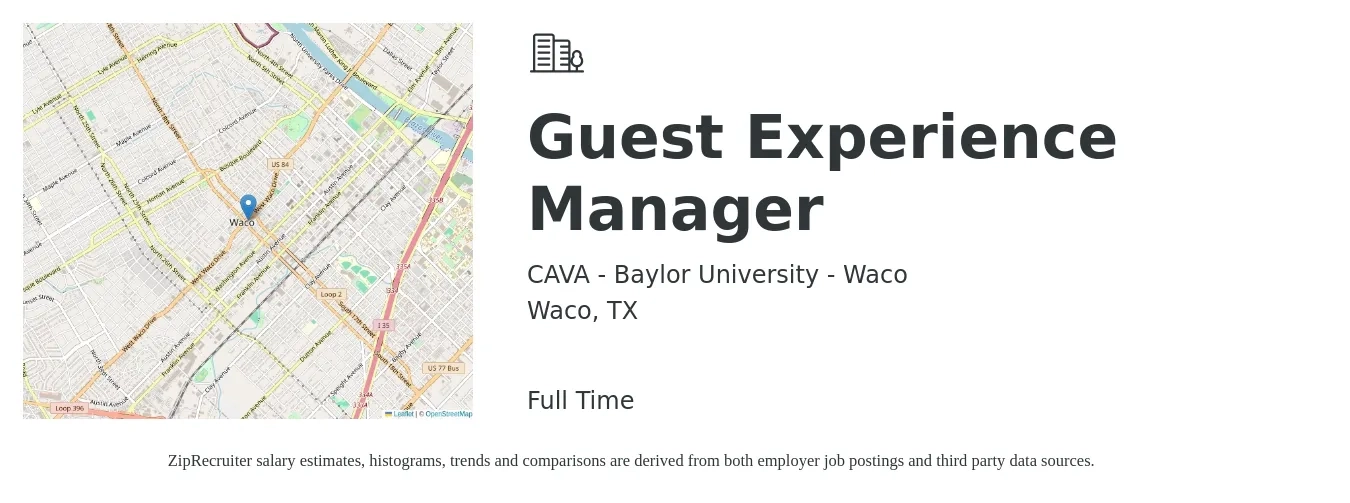 CAVA - Baylor University - Waco job posting for a Guest Experience Manager in Waco, TX with a salary of $16 to $18 Hourly with a map of Waco location.