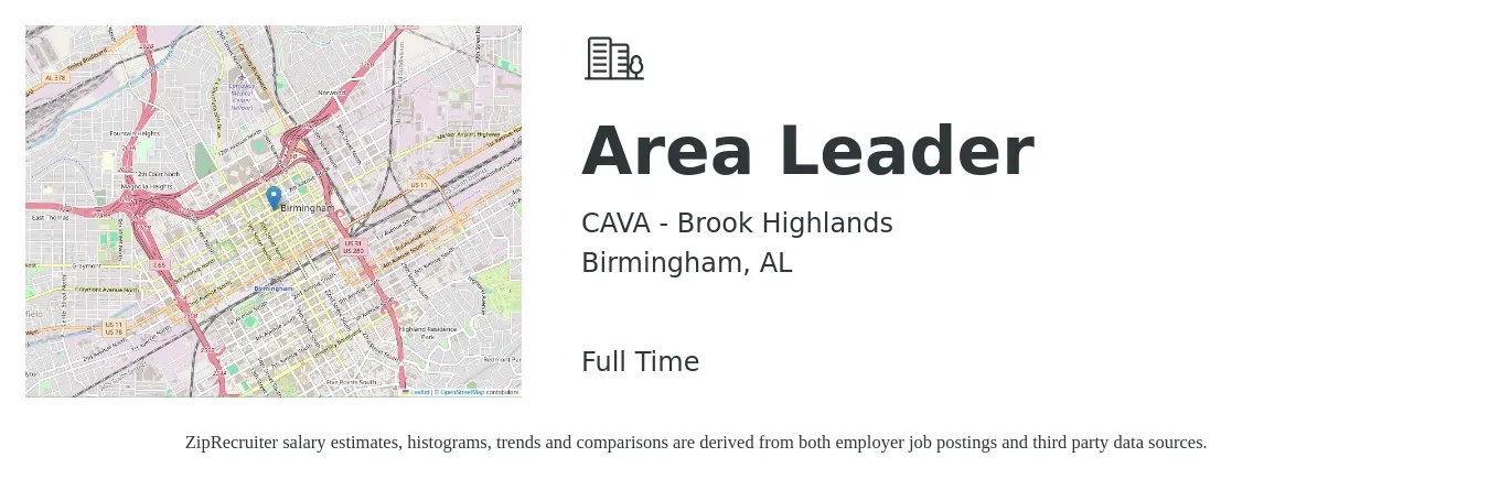 CAVA - Brook Highlands job posting for a Area Leader in Birmingham, AL with a salary of $15 to $24 Hourly with a map of Birmingham location.