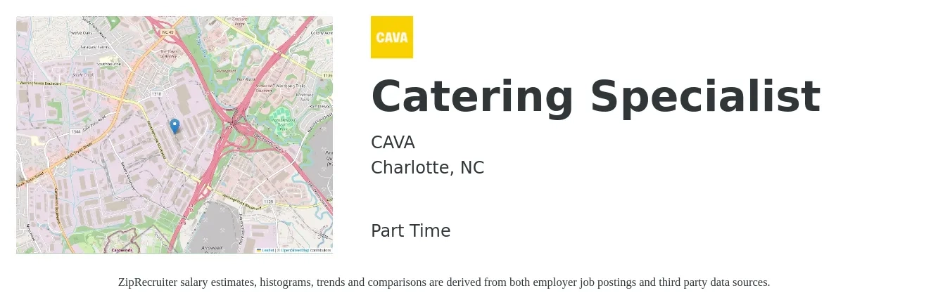 CAVA job posting for a Catering Specialist in Charlotte, NC with a salary of $14 to $18 Hourly with a map of Charlotte location.