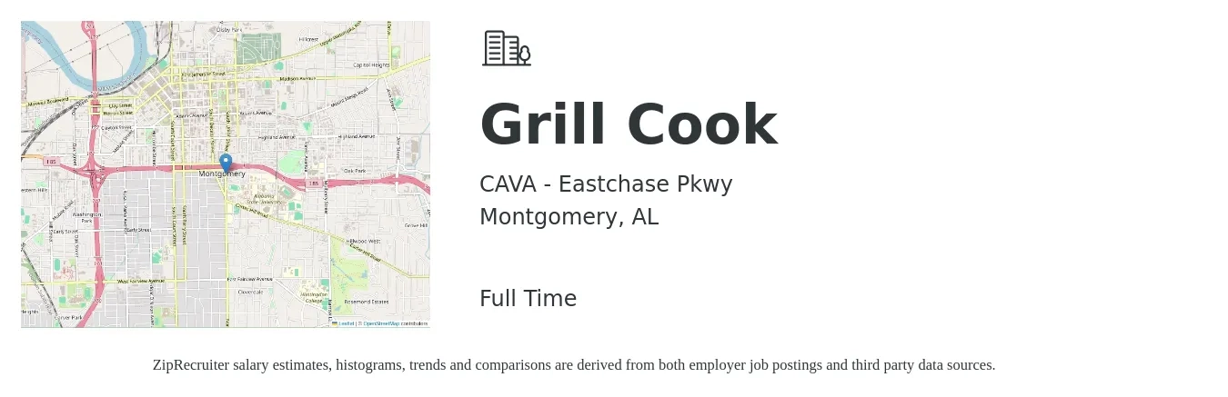 CAVA - Eastchase Pkwy job posting for a Grill Cook in Montgomery, AL with a salary of $12 to $15 Hourly with a map of Montgomery location.