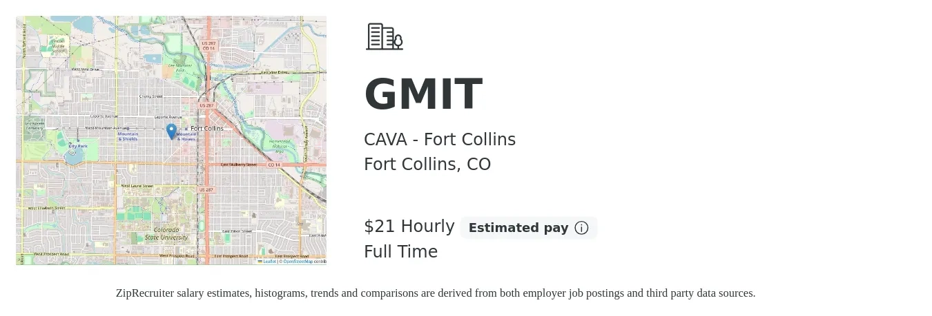 CAVA - Fort Collins job posting for a GMIT in Fort Collins, CO with a salary of $22 Hourly with a map of Fort Collins location.