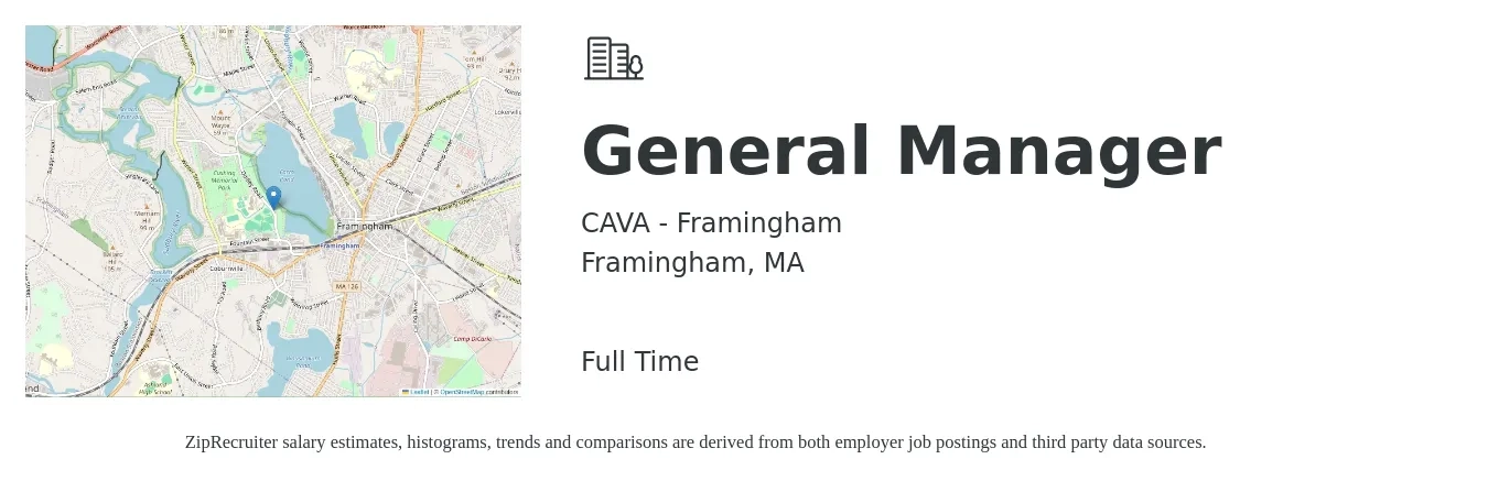 CAVA - Framingham job posting for a General Manager in Framingham, MA with a salary of $53,900 to $80,500 Yearly with a map of Framingham location.