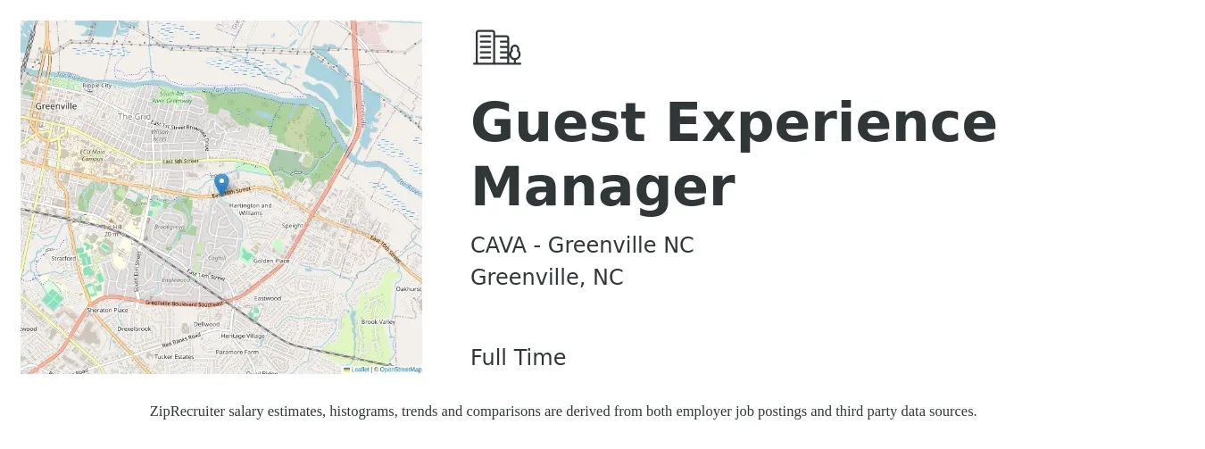 CAVA - Greenville NC job posting for a Guest Experience Manager in Greenville, NC with a salary of $17 to $20 Hourly with a map of Greenville location.