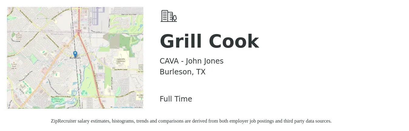 CAVA - John Jones job posting for a Grill Cook in Burleson, TX with a salary of $12 to $16 Hourly with a map of Burleson location.