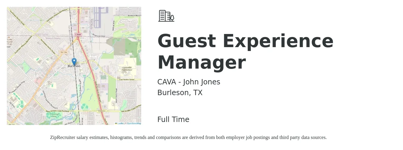 CAVA - John Jones job posting for a Guest Experience Manager in Burleson, TX with a salary of $16 to $18 Hourly with a map of Burleson location.