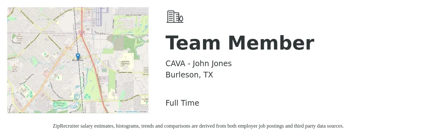 CAVA - John Jones job posting for a Team Member in Burleson, TX with a salary of $11 to $14 Hourly with a map of Burleson location.