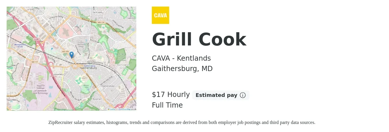 CAVA - Kentlands job posting for a Grill Cook in Gaithersburg, MD with a salary of $18 Hourly with a map of Gaithersburg location.