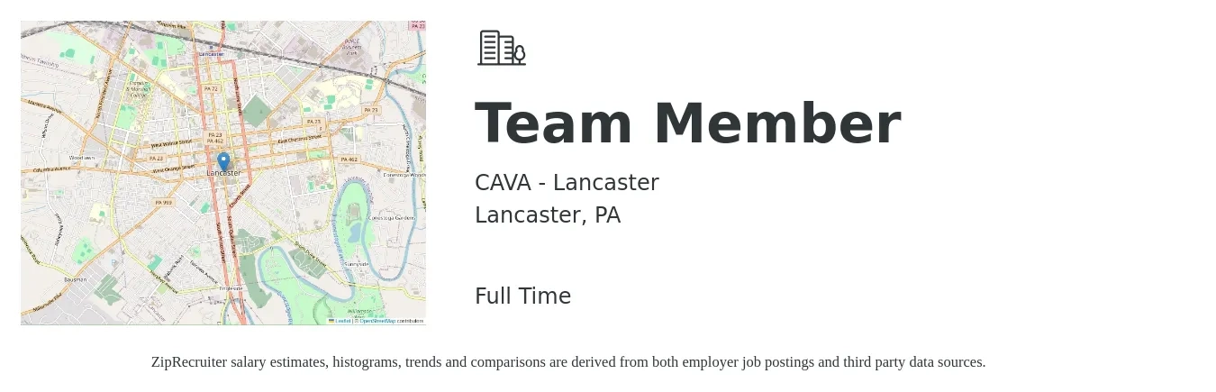 CAVA - Lancaster job posting for a Team Member in Lancaster, PA with a salary of $12 to $16 Hourly with a map of Lancaster location.