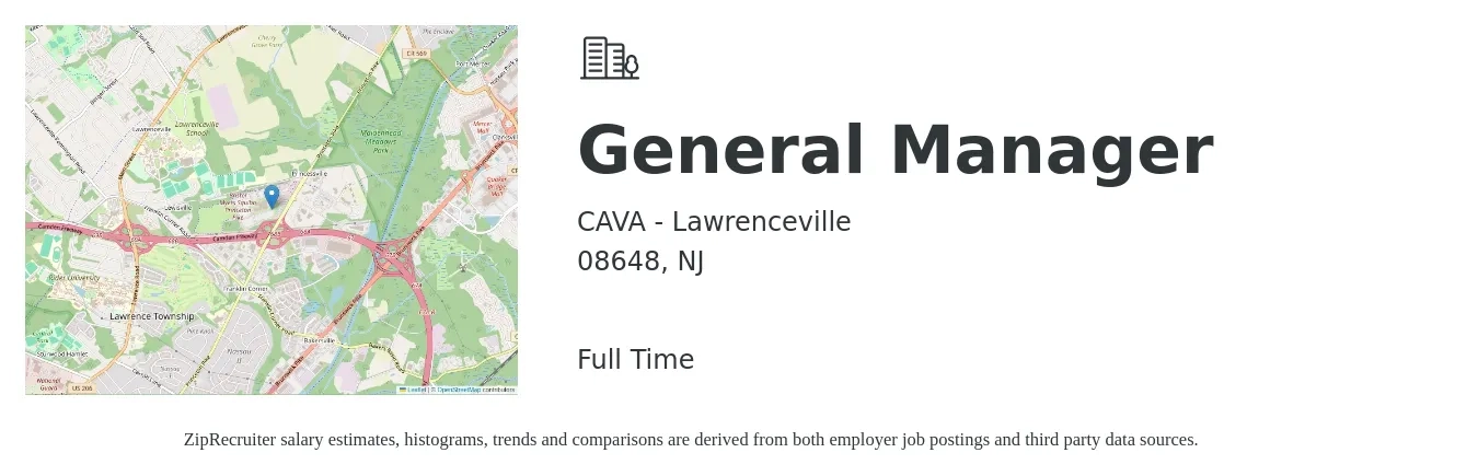 CAVA - Lawrenceville job posting for a General Manager in 08648, NJ with a salary of $52,400 to $78,300 Yearly with a map of 08648 location.