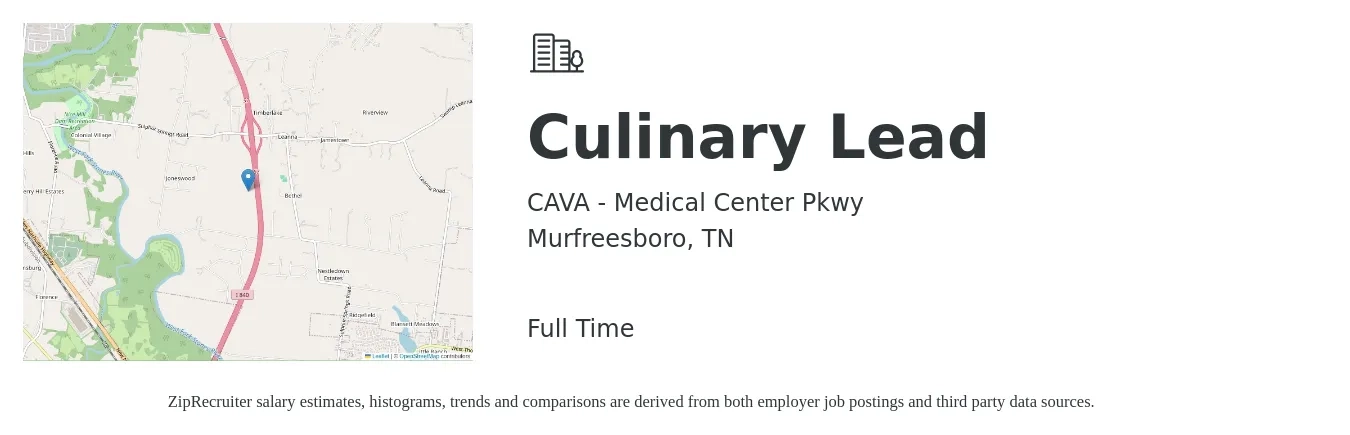 CAVA - Medical Center Pkwy job posting for a Culinary Lead in Murfreesboro, TN with a salary of $16 to $20 Hourly with a map of Murfreesboro location.