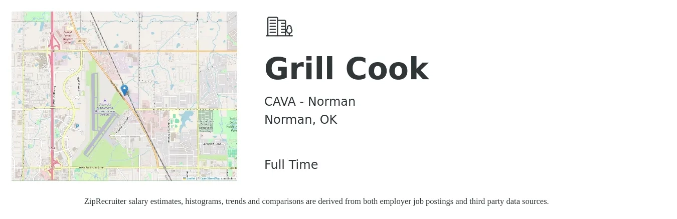 CAVA - Norman job posting for a Grill Cook in Norman, OK with a salary of $12 to $16 Hourly with a map of Norman location.