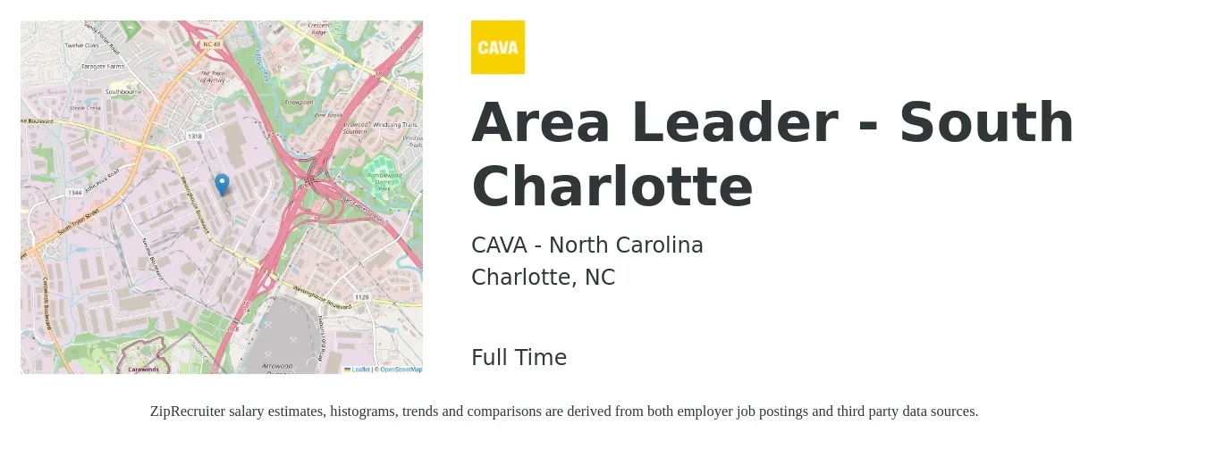 CAVA - North Carolina job posting for a Area Leader - South Charlotte in Charlotte, NC with a salary of $43,700 to $77,800 Yearly with a map of Charlotte location.