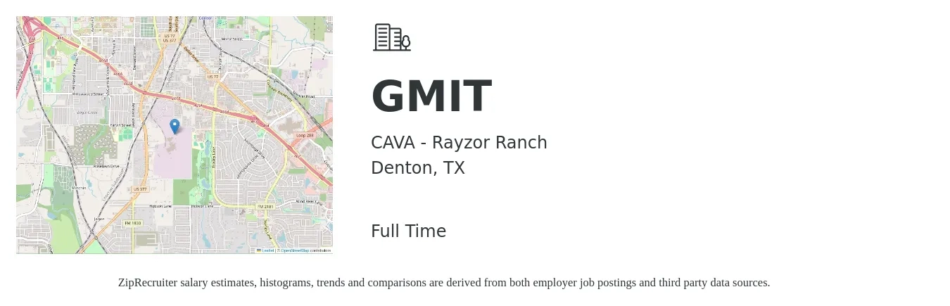 CAVA - Rayzor Ranch job posting for a GMIT in Denton, TX with a salary of $16 to $23 Hourly with a map of Denton location.