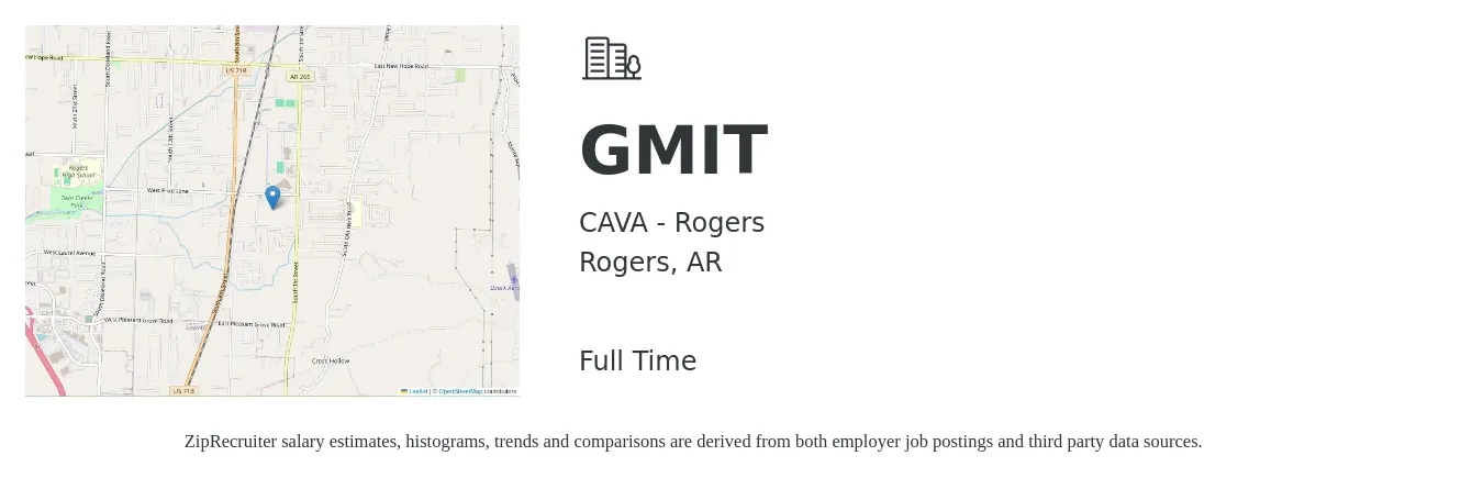 CAVA - Rogers job posting for a GMIT in Rogers, AR with a salary of $14 to $21 Hourly with a map of Rogers location.