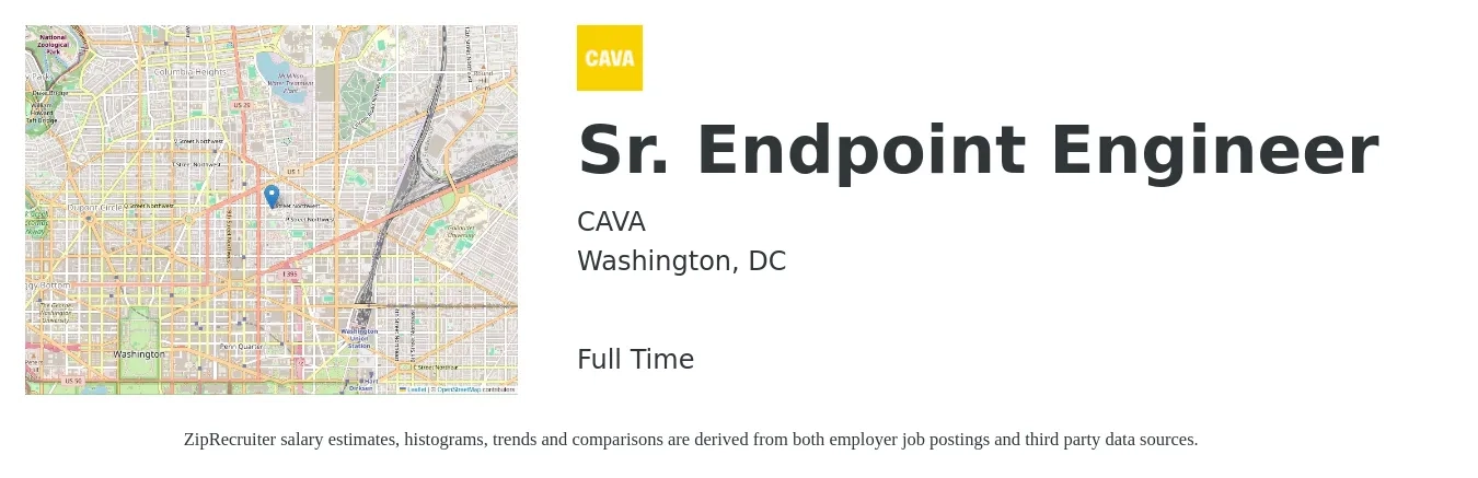 CAVA job posting for a Sr. Endpoint Engineer in Washington, DC with a salary of $114,600 to $157,400 Yearly with a map of Washington location.