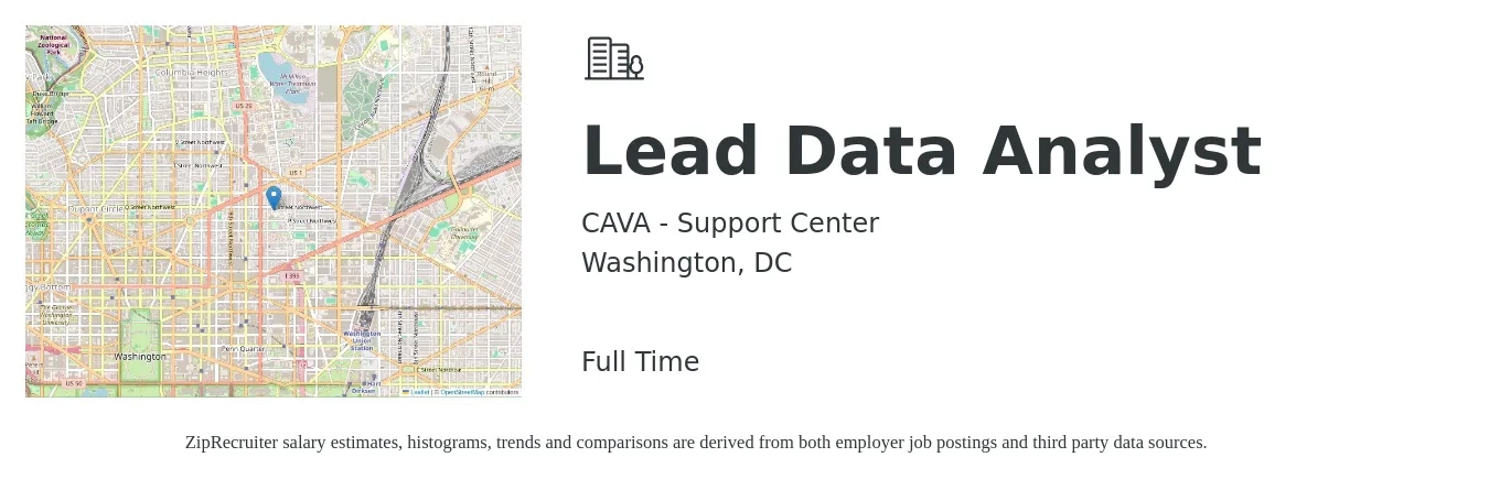 CAVA - Support Center job posting for a Lead Data Analyst in Washington, DC with a salary of $68,600 to $106,400 Yearly with a map of Washington location.
