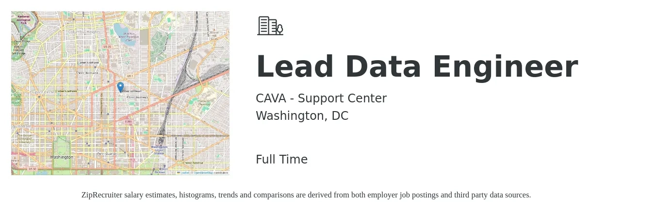 CAVA - Support Center job posting for a Lead Data Engineer in Washington, DC with a salary of $112,400 to $148,100 Yearly with a map of Washington location.