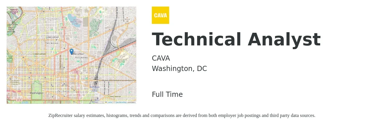 CAVA job posting for a Technical Analyst in Washington, DC with a salary of $74,000 to $110,200 Yearly with a map of Washington location.