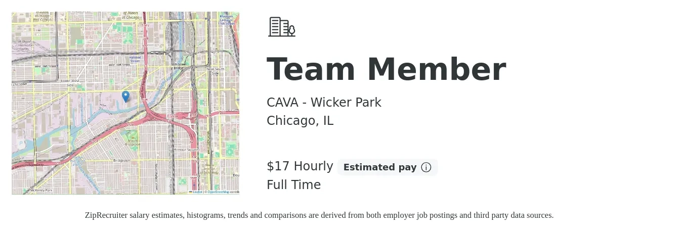 CAVA - Wicker Park job posting for a Team Member in Chicago, IL with a salary of $18 Hourly with a map of Chicago location.