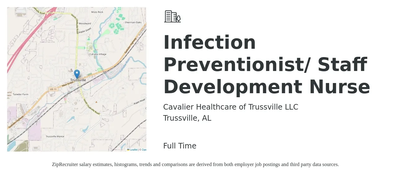 Cavalier Healthcare of Trussville LLC job posting for a Infection Preventionist/ Staff Development Nurse in Trussville, AL with a salary of $82,600 to $150,000 Yearly with a map of Trussville location.