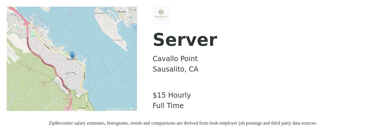 Cavallo Point job posting for a Server in Sausalito, CA with a salary of $16 Hourly with a map of Sausalito location.