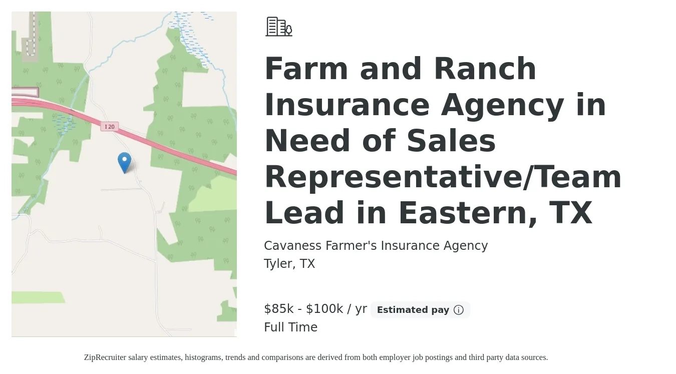 Cavaness Farmer's Insurance Agency job posting for a Farm and Ranch Insurance Agency in Need of Sales Representative/Team Lead in Eastern, TX in Tyler, TX with a salary of $85,000 to $100,000 Yearly with a map of Tyler location.