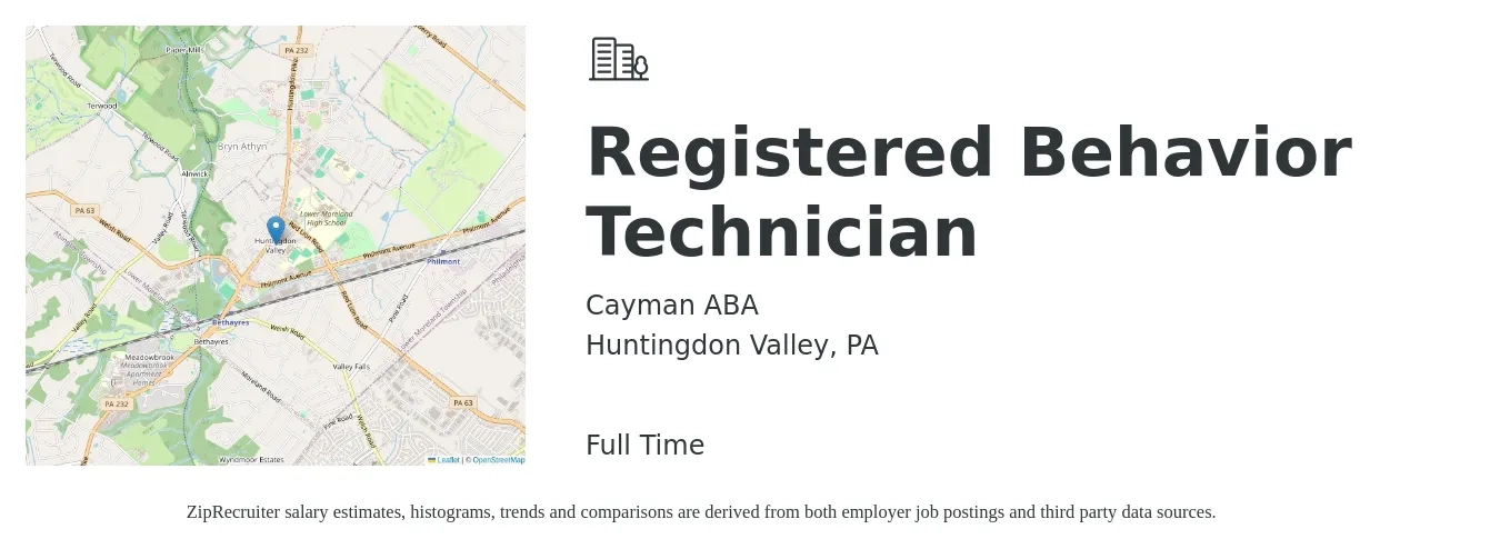 Cayman ABA job posting for a Registered Behavior Technician in Huntingdon Valley, PA with a salary of $18 to $23 Hourly with a map of Huntingdon Valley location.