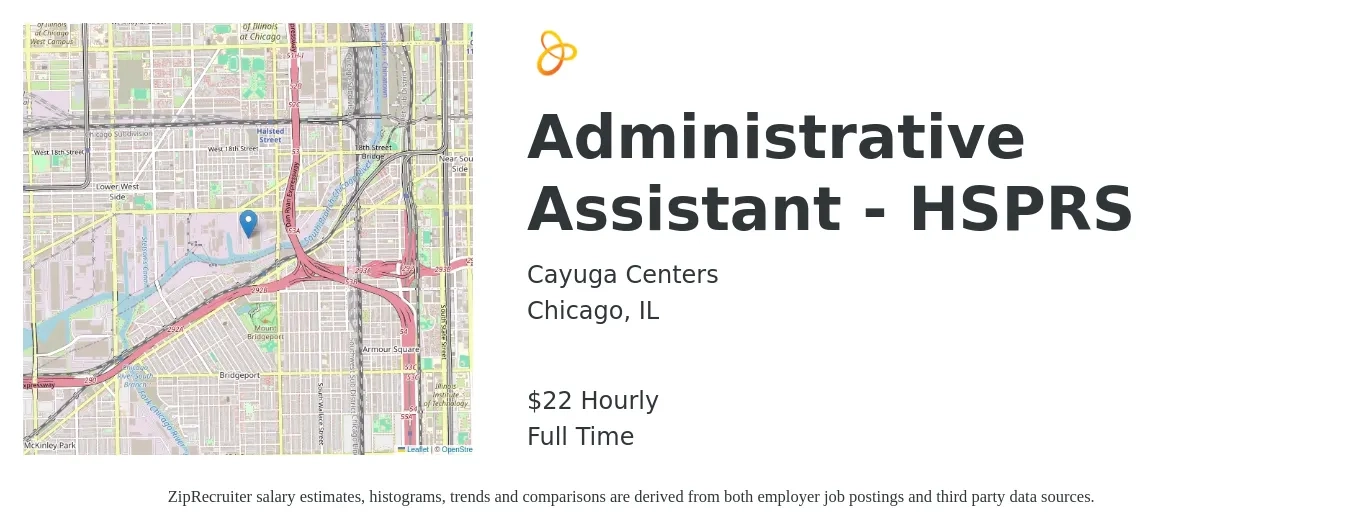 Cayuga Centers job posting for a Administrative Assistant - HSPRS in Chicago, IL with a salary of $23 Hourly with a map of Chicago location.