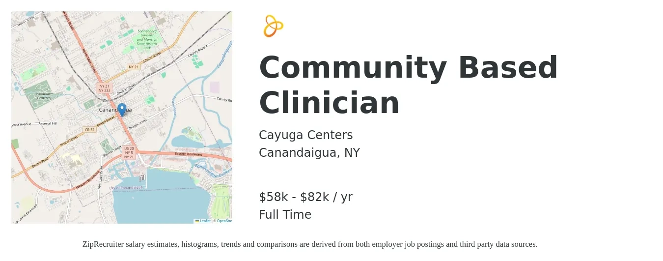 Cayuga Centers job posting for a Community Based Clinician in Canandaigua, NY with a salary of $58,458 to $82,800 Yearly with a map of Canandaigua location.