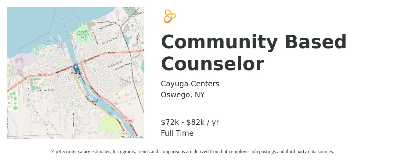 Cayuga Centers job posting for a Community Based Counselor in Oswego, NY with a salary of $72,000 to $82,800 Yearly with a map of Oswego location.