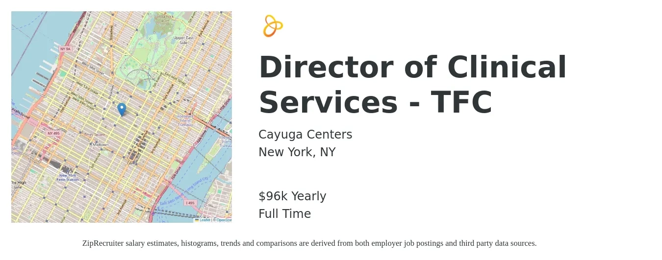 Cayuga Centers job posting for a Director of Clinical Services - TFC in New York, NY with a salary of $96,000 Yearly with a map of New York location.