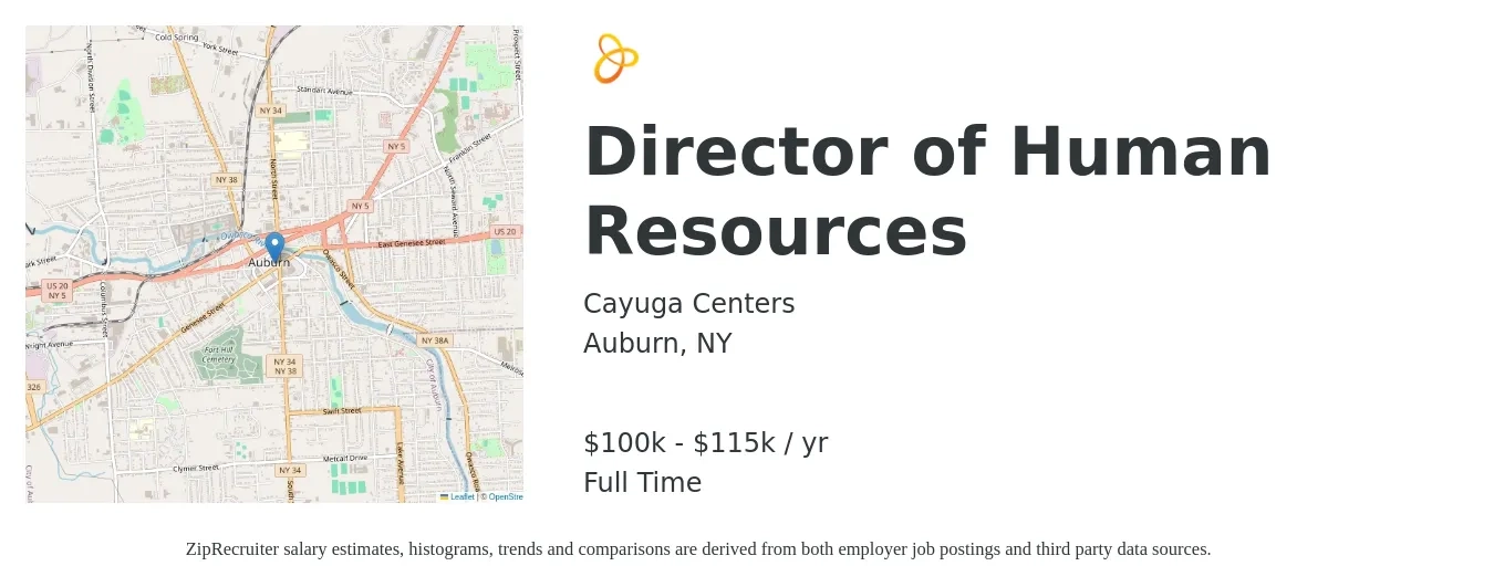 Cayuga Centers job posting for a Director of Human Resources in Auburn, NY with a salary of $100,000 to $115,000 Yearly with a map of Auburn location.