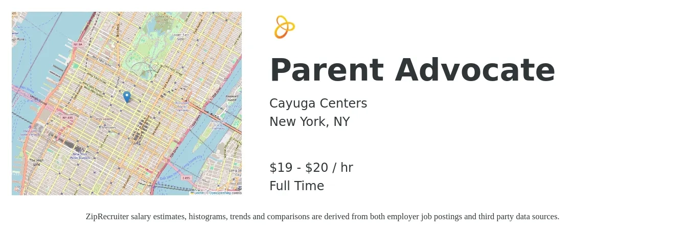 Cayuga Centers job posting for a Parent Advocate in New York, NY with a salary of $20 Hourly with a map of New York location.