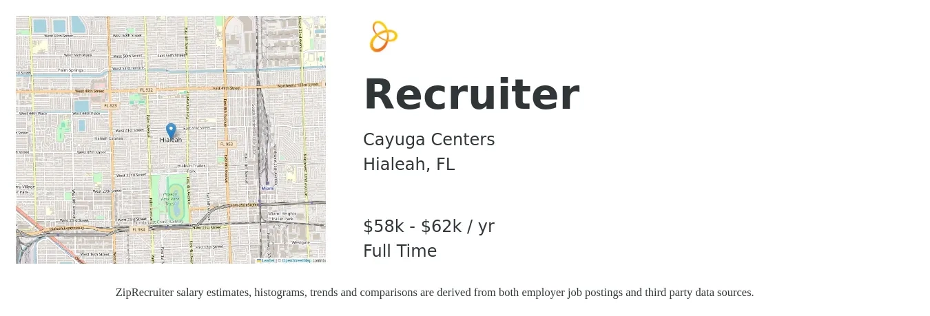 Cayuga Centers job posting for a Recruiter in Hialeah, FL with a salary of $58,000 to $62,000 Yearly with a map of Hialeah location.