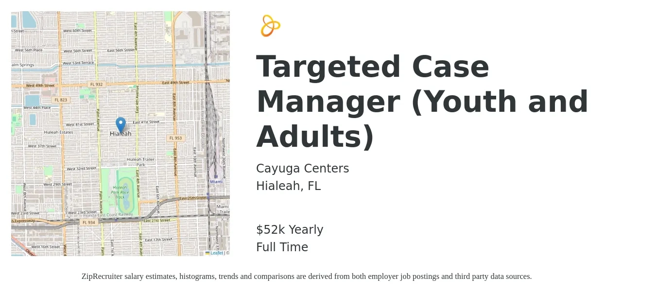 Cayuga Centers job posting for a Targeted Case Manager (Youth and Adults) in Hialeah, FL with a salary of $52,000 Yearly with a map of Hialeah location.