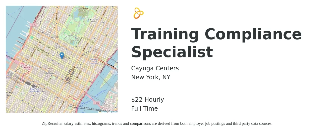 Cayuga Centers job posting for a Training Compliance Specialist in New York, NY with a salary of $23 Hourly with a map of New York location.