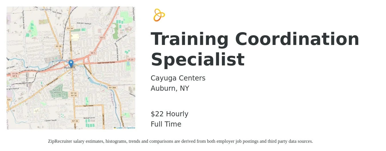 Cayuga Centers job posting for a Training Coordination Specialist in Auburn, NY with a salary of $23 Hourly with a map of Auburn location.