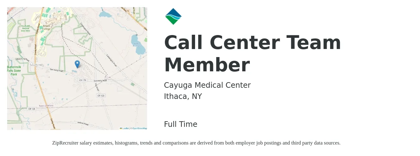 Cayuga Medical Center job posting for a Call Center Team Member in Ithaca, NY with a salary of $19 to $19 Hourly with a map of Ithaca location.