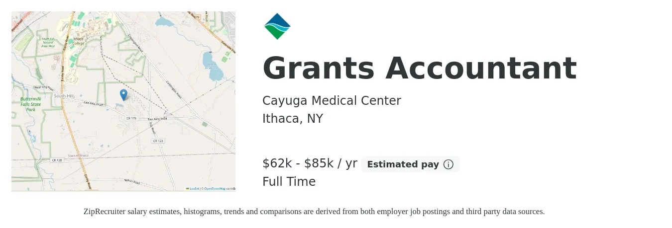 Cayuga Medical Center job posting for a Grants Accountant in Ithaca, NY with a salary of $62,000 to $85,000 Yearly with a map of Ithaca location.