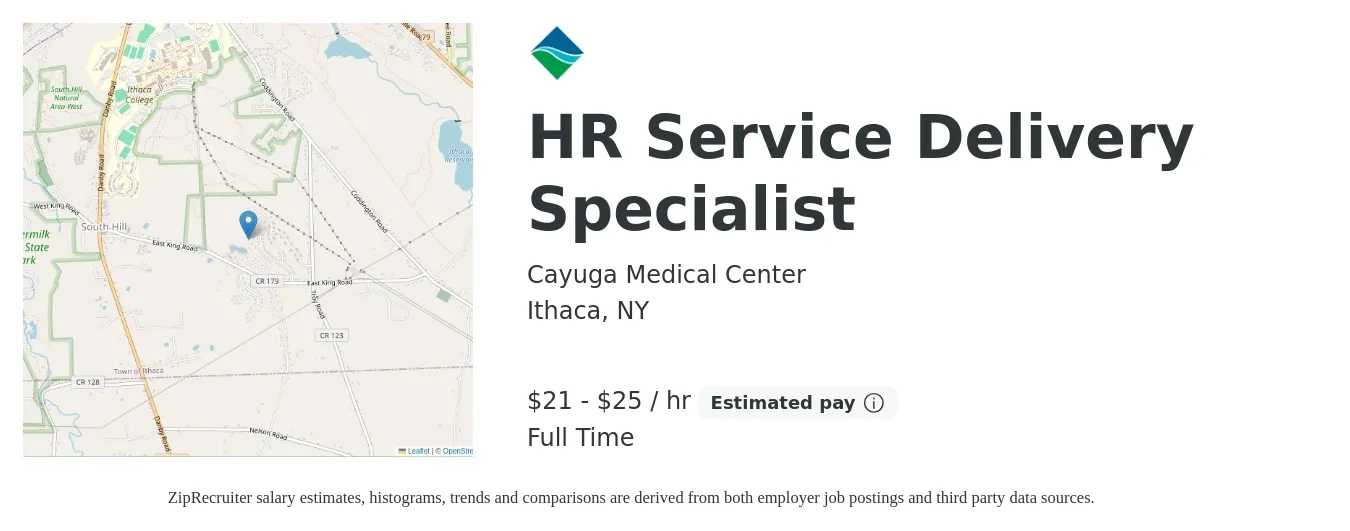 Cayuga Medical Center job posting for a HR Service Delivery Specialist in Ithaca, NY with a salary of $22 to $27 Hourly with a map of Ithaca location.