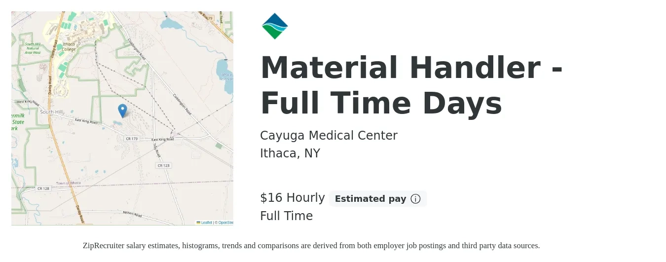 Cayuga Medical Center job posting for a Material Handler - Full Time Days in Ithaca, NY with a salary of $17 to $17 Hourly with a map of Ithaca location.