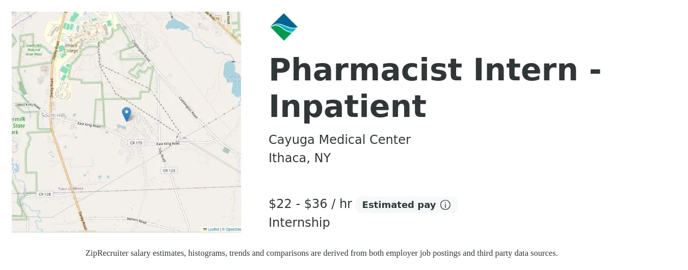 Cayuga Medical Center job posting for a Pharmacist Intern - Inpatient in Ithaca, NY with a salary of $24 to $38 Hourly with a map of Ithaca location.