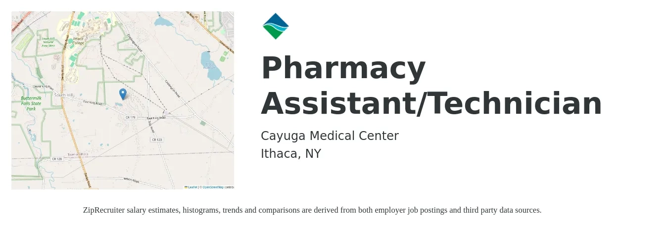 Cayuga Medical Center job posting for a Pharmacy Assistant/Technician in Ithaca, NY with a salary of $19 to $21 Hourly with a map of Ithaca location.
