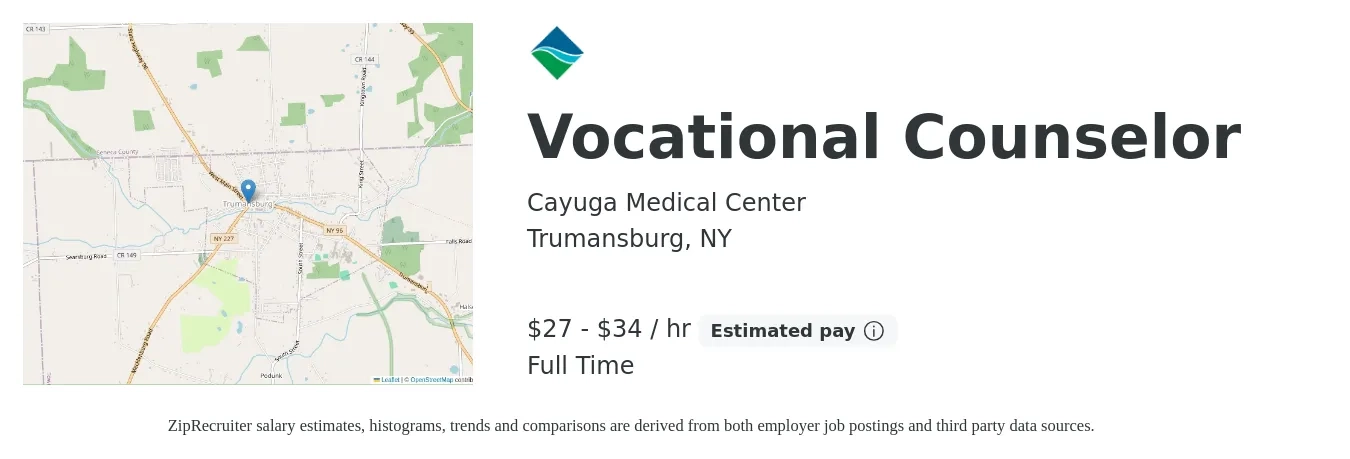 Cayuga Medical Center job posting for a Vocational Counselor in Trumansburg, NY with a salary of $58,458 to $75,000 Yearly with a map of Trumansburg location.